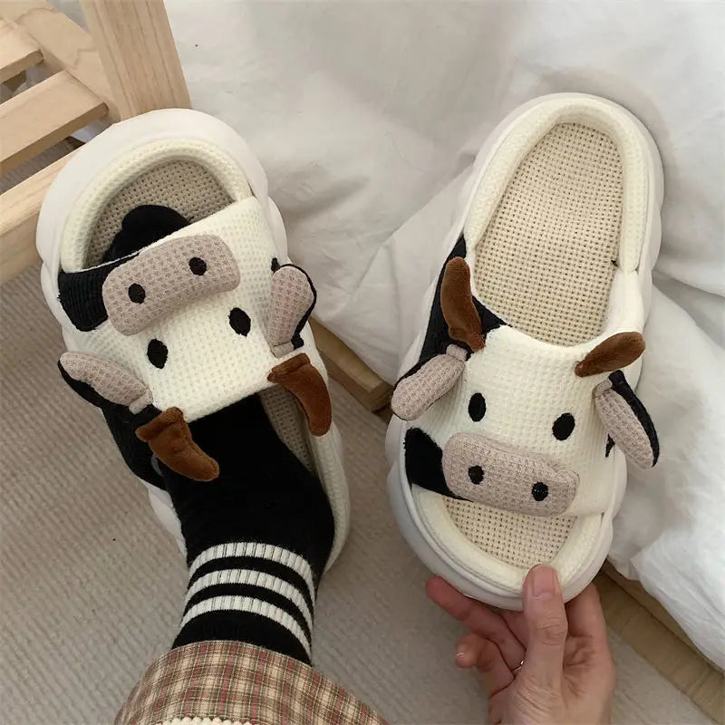 Four Seasons Indoor Home Sandals Cute Cartoon Frog Milk Cow House Slippers Personalized Couple Slides Women Linen Slippers