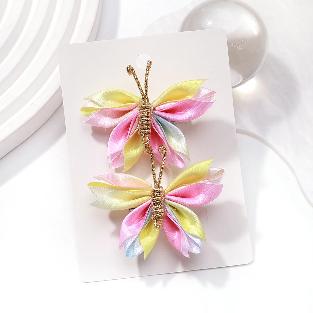 2pcs/set Butterfly Hair Clip Gradient Flocking Hairpins with Gold Color Cute Gauze Headwear Girls Children Hair Accessories Gift