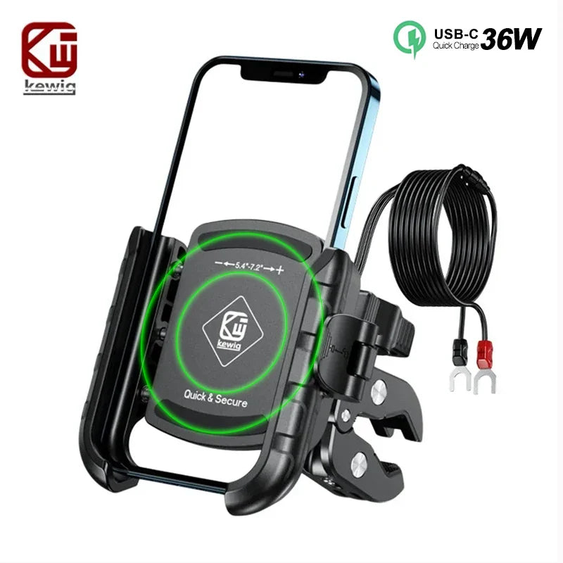 Motorcycle Phone Holder Charger 36W USB C Quick Charge Handlebar Phone Mount Works with 12V/24V Vehicle/USB C Socket for 4-7.0"