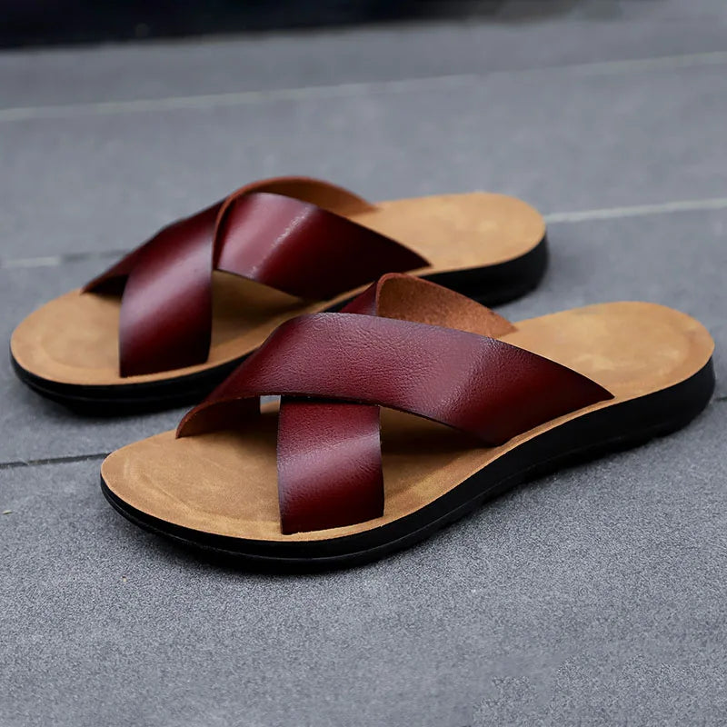 2023 Fashion Men Real Leather Slippers Summer New Black White/red/yellow Cross Over Slippers Men's Leisure Comfort Flat Sandals