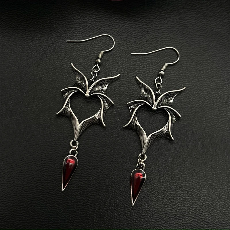 Vintage Punk Bat Heart shaped Earrings for Women Hip Hop Red Stone Pendant Personalized Earrings for Women's Party Jewelry