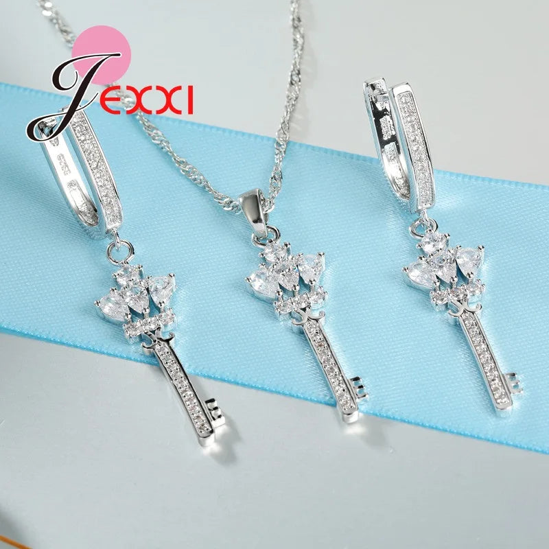 Fashion Lamp Design Silver Color Crystal Jewelry Set For Women Anniversary Gift Necklace Pendent And Earrings New Arrival