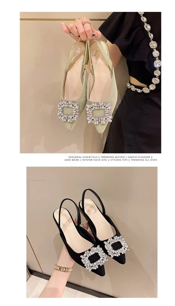 Beige Heeled Sandals Clear Shoes 2023 Women's Black Rhinestone Medium Pointed Closed New Spring Gladiator Block Girls