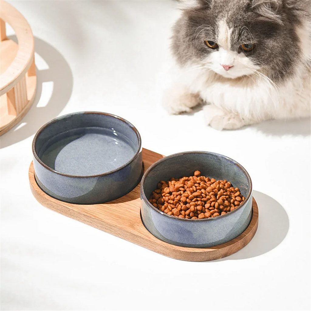 Ceramic Pet Bowl with Neck Protective Collar Anti-Collision Wooden Tray Pet Feeding Supplies Cat Accessories