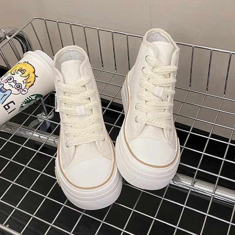 Women Autumn 2023 New Fashion Thick Platform Leisure Sports Shoe White Sneakers Breathable Casual High Top Canvas Shoes 40