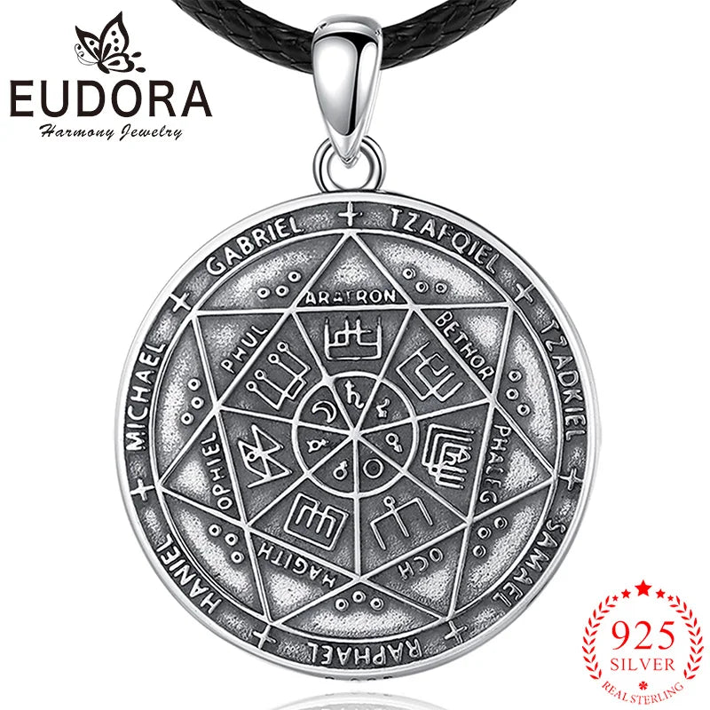 Eudora 925 Sterling Silver Seal of Seven Archangels Necklace Pentagram Amulet Pendant Men Women Vintage Personality Jewelry