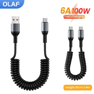 6A Short Spring Data Cable PD100W Type C Super Fast Charging Cable USB C Car Charger Cable for iPhone 15 Pro Max Samsung Xiaomi