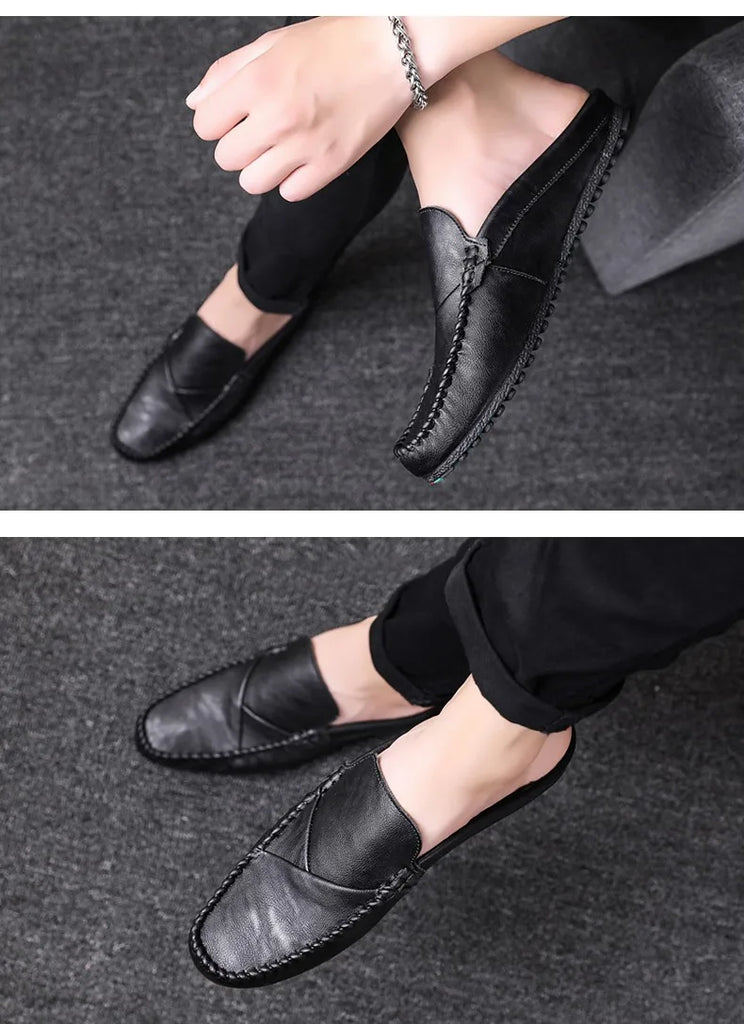 New 2023Half Shoes For Men Leather Half Slipper Slip On 3 Colors Flat Italian Style Fashion Driving Shoes Man Ciabatte