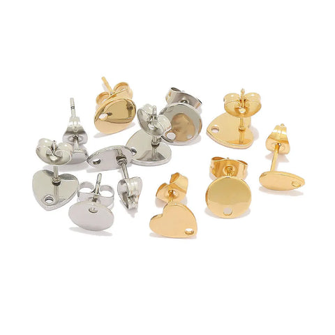 10pcs Stainless Steel Earrings Connectors Love Heart Round Silver Gold Color Stud Earrings Base Earring Settings Diy Jewlery