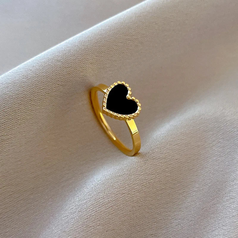 RONGXUANMEI New Trendy 2024 Gold Color Black Heart Stainless Steel Rings For Women Elegant Colorfast Love Party Finger Ring Gift