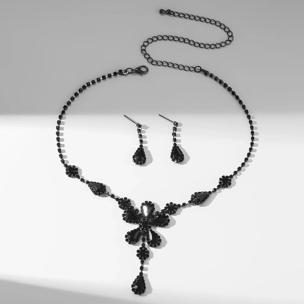 Flower Design Drop Necklace Earrings Set Black Rhinestone Tassel Necklace Earrings Jewelry Set for Women Wedding Prom Party Gift