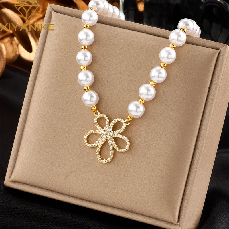 XIYANIKE 316L Stainless Steel Necklace for Women Pearl Gold Color Hollow Flowers Pendant Charming Exquisite Chic Jewelry Gifts