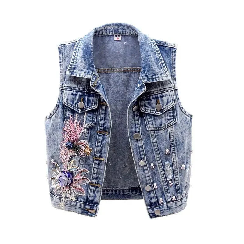 2024 Denim Women Vest Pearl Fashion Ripped Autumn Jeans Jacket Sleeveless Loose Short Coat Streetwear Beaded Flower Denim Vest