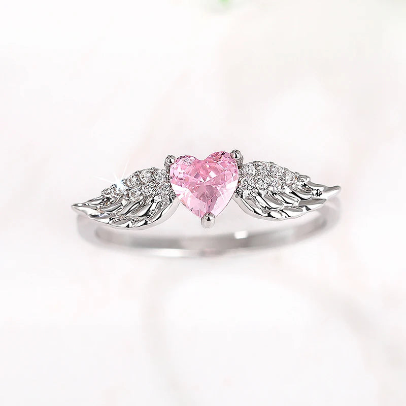 Huitan Chic Angel Wing Ring Female Engagement Jewelry Romantic Heart Pink Zirconia Finger Accessories Delicate Love Accessories