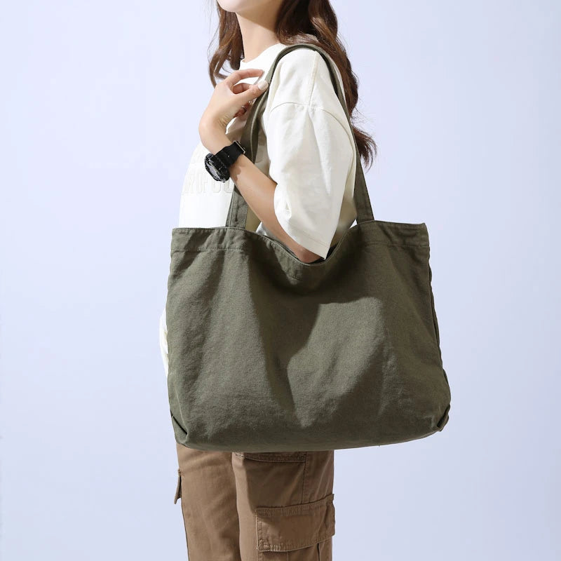 Large Canvas Women's Bag Solid Eco Bag Korean Shoulder Bag Reusable Shopping Messenger Bag Y2K Handbag School Pocket Travel Bag