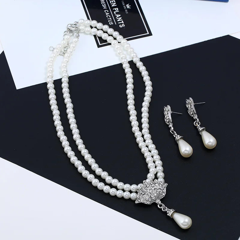 RAKOL Luxury Bride Pearl Crystal Jewelry Sets for Women Korean Temperament Short Collarbone Earring Necklace Set