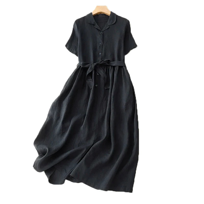 Japanese Style Thin Light Cotton Linen Chic Girl Loose Women Casual Summer Blouse Dress sashes Slim Waist Office Lady Work Dress