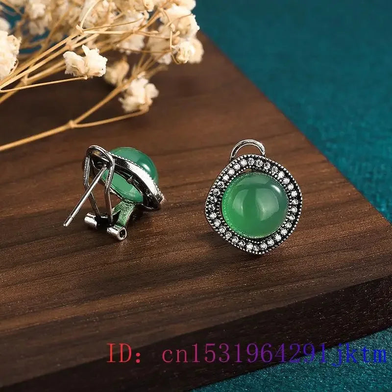 Green Jade Earrings Chinese Accessories Real Jewelry Jadeite Charm Natural 925 Silver Charms Amulet Vintage Carved Women Luxury