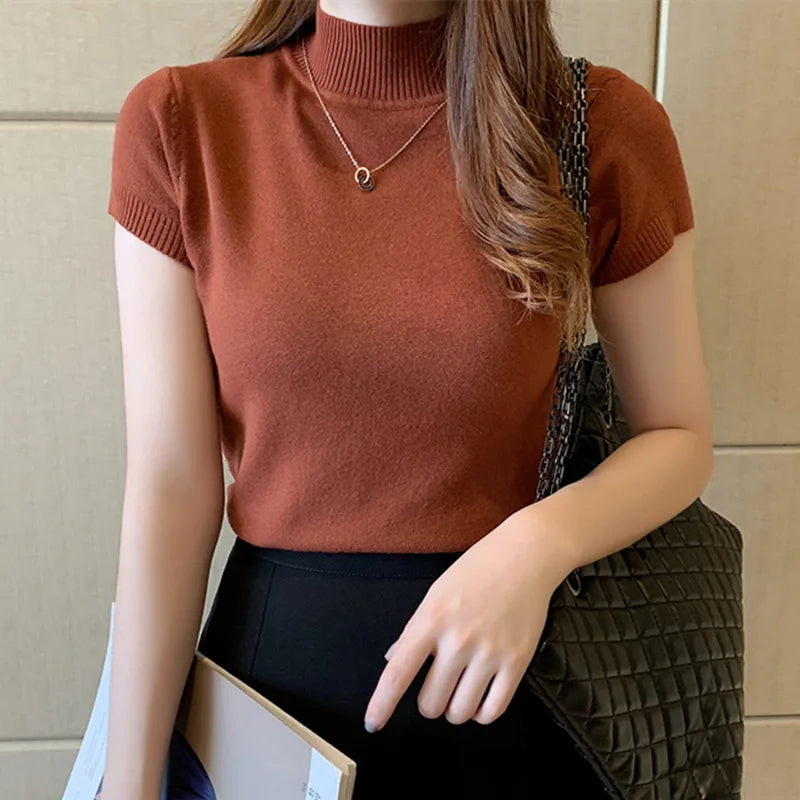 Solid Color Casual Women Clothing Korean Knitted Women Top Blusas Mujer De Moda Spring Summer Slim Turtleneck Blouse Blusas