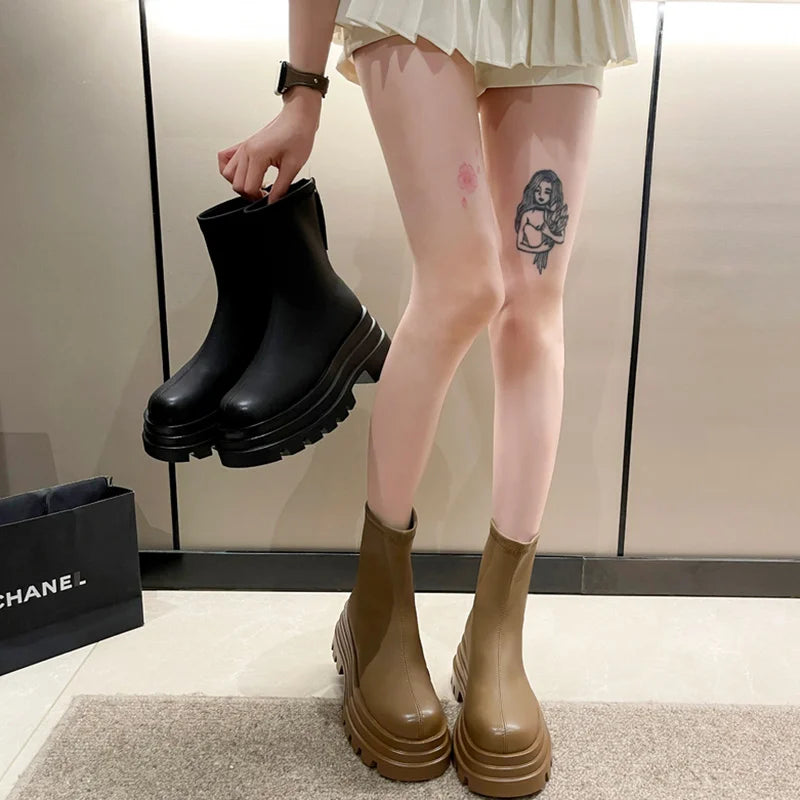 Round Toe Women's Rubber Boots Shoes Boots-Women Winter Footwear Flat Heel Chelsea Zipper Rain High Heel Autumn Ladies 2023 Loli