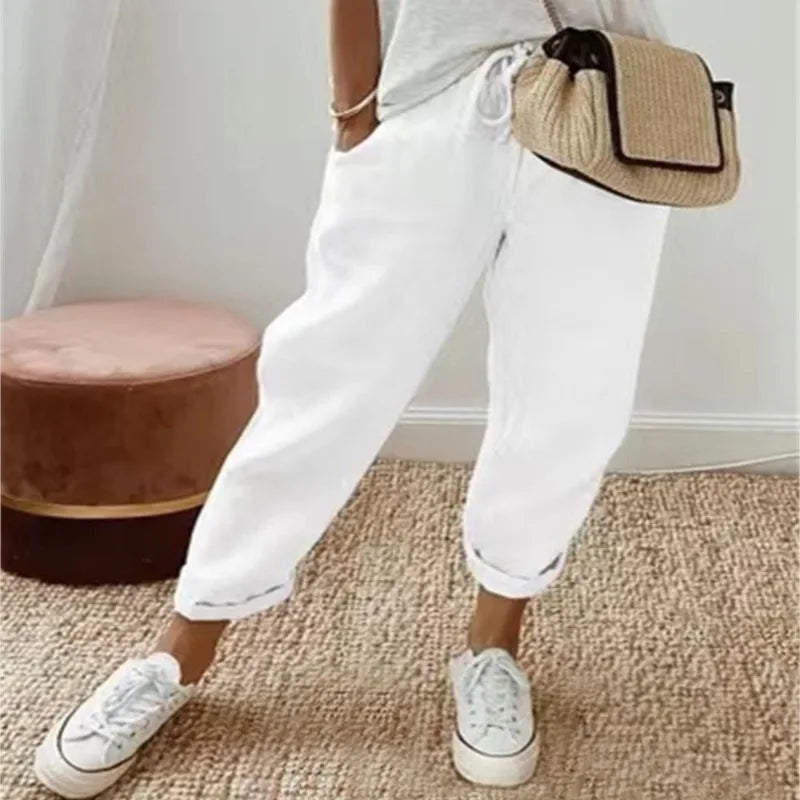 Women Cotton Linen Pants Summer New Loose Trousers Female Vintage Ankle-Length Wide Leg Trousers Fashion Office Ladies Bottom