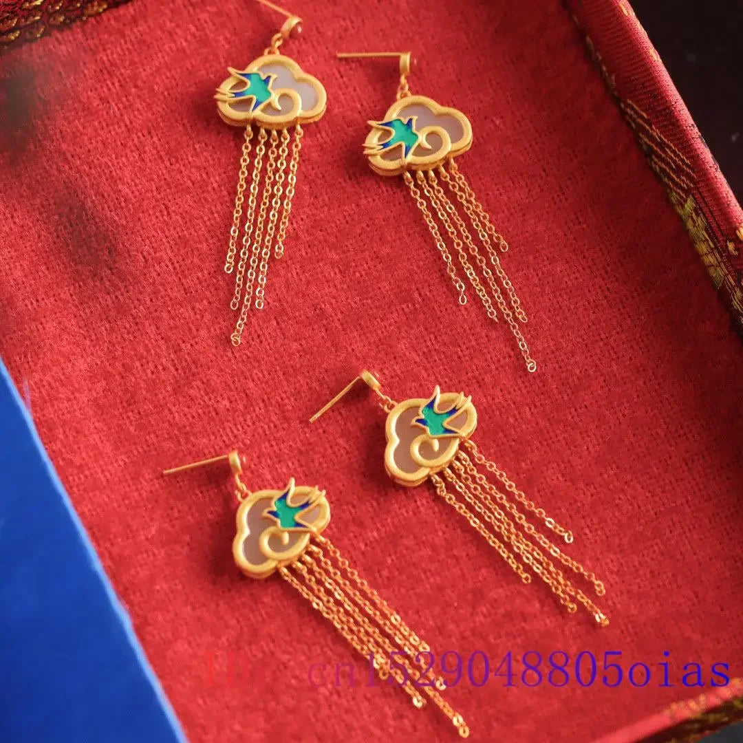 Jade swallow ear studs jewelry chalcedony white amulet women gemstone fashion 925 silver crystal gifts bird earrings natural