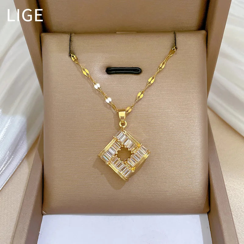 Fashion charm micro inlaid shaped jewelry cubes stainless steel necklace earrings set classic girls dinner party gorgeous gift