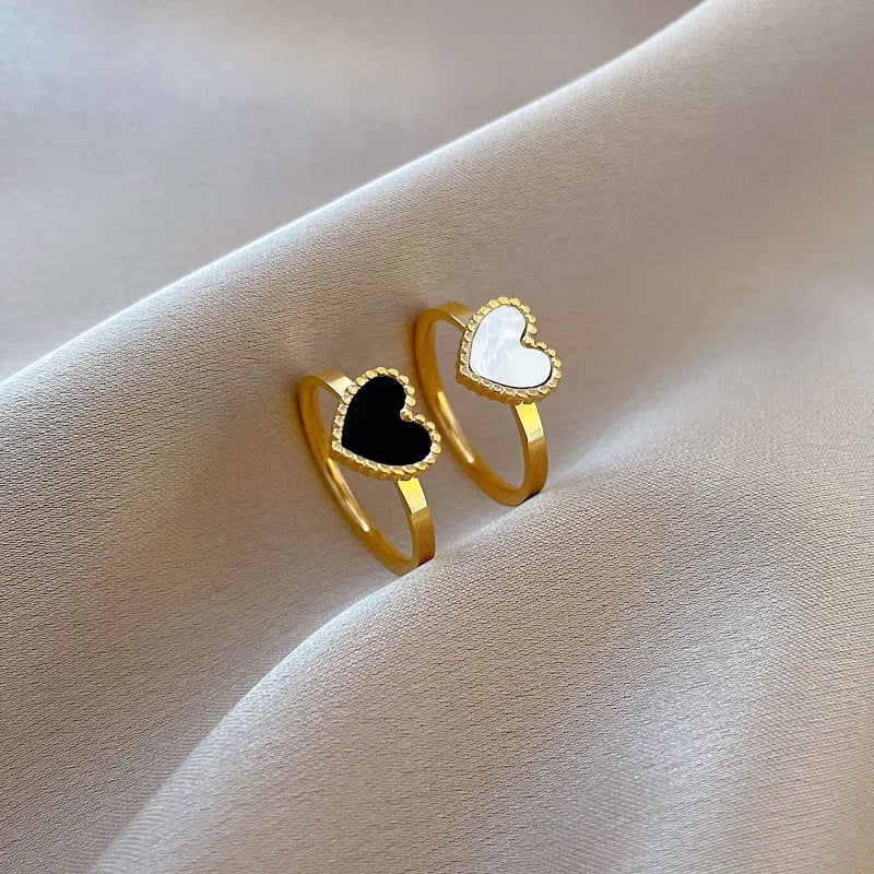 RONGXUANMEI New Trendy 2024 Gold Color Black Heart Stainless Steel Rings For Women Elegant Colorfast Love Party Finger Ring Gift