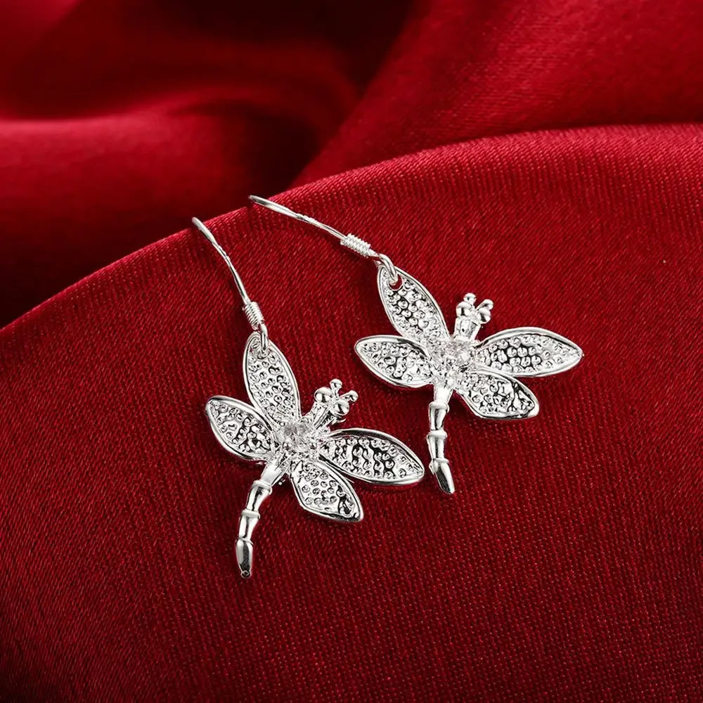 Fashion fine 925 sterling silver women Crystal dragonfly pendant necklace earring ring Jewelry set Party wedding gifts