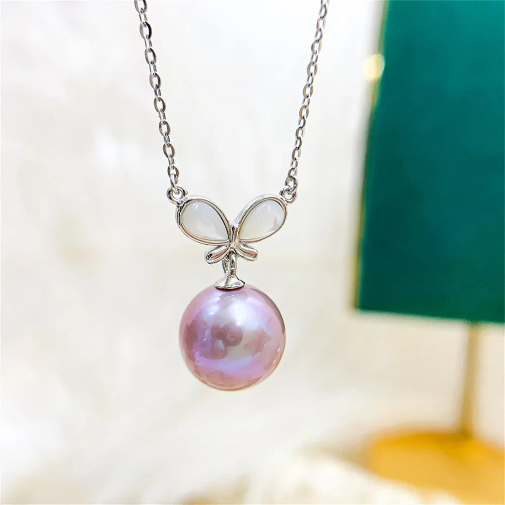 DIY Pearl Accessories S925 Sterling Silver Set Chain Empty Butterfly Pendant with Silver Chain Fit 8-11mm Oval Beads L044