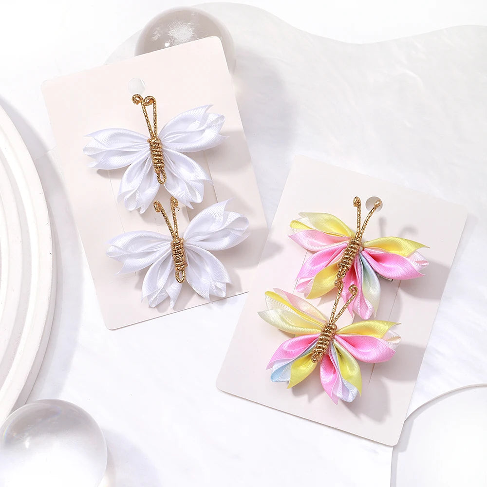 2pcs/set Butterfly Hair Clip Gradient Flocking Hairpins with Gold Color Cute Gauze Headwear Girls Children Hair Accessories Gift