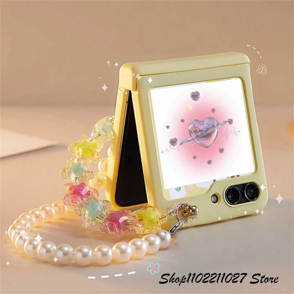 Cute Korean 3D Candy Color Stars Pearl Bracelet Yellow Solid Case for Samsung Z Flip6 5 5G Z Flip5 Zflip6 Zflip5 Z Flip 5 Cover