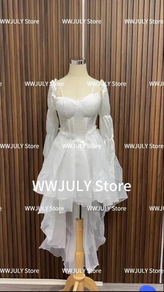 Pure Color Fairy Midi Dress Women White Elegant Evening Party Dress Beach 2024 Spring Casual Long Sleeve Fashion Dress Korean