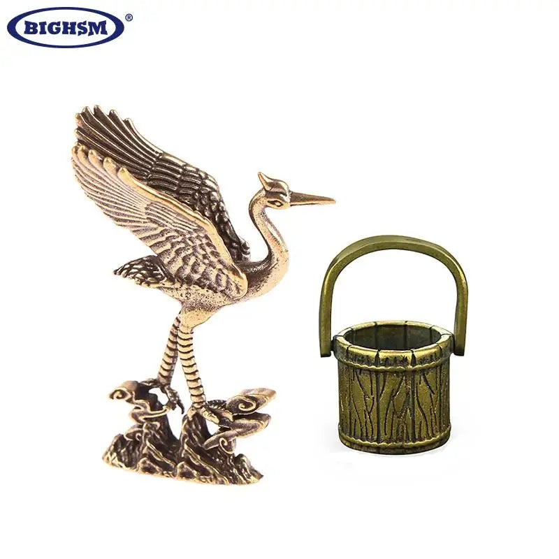 Brass Crane Figurines Bucket Miniatures Desktop Ornaments Tea Pet Living Room Decorations Crafts Accessories Animal Statue Decor