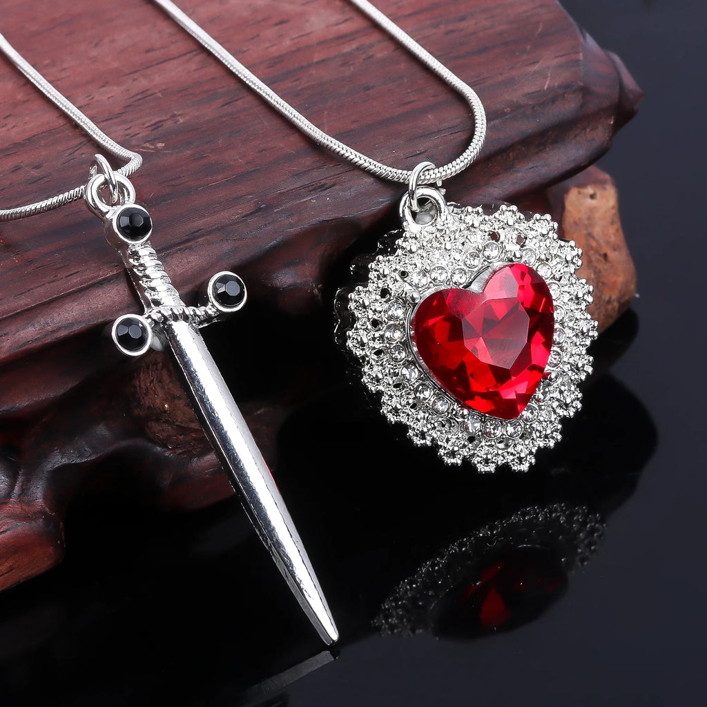 A Set Red Heart and Sword Couple Necklace Collarbone Chain Sword Necklace Fashion Accessories for Women Gift