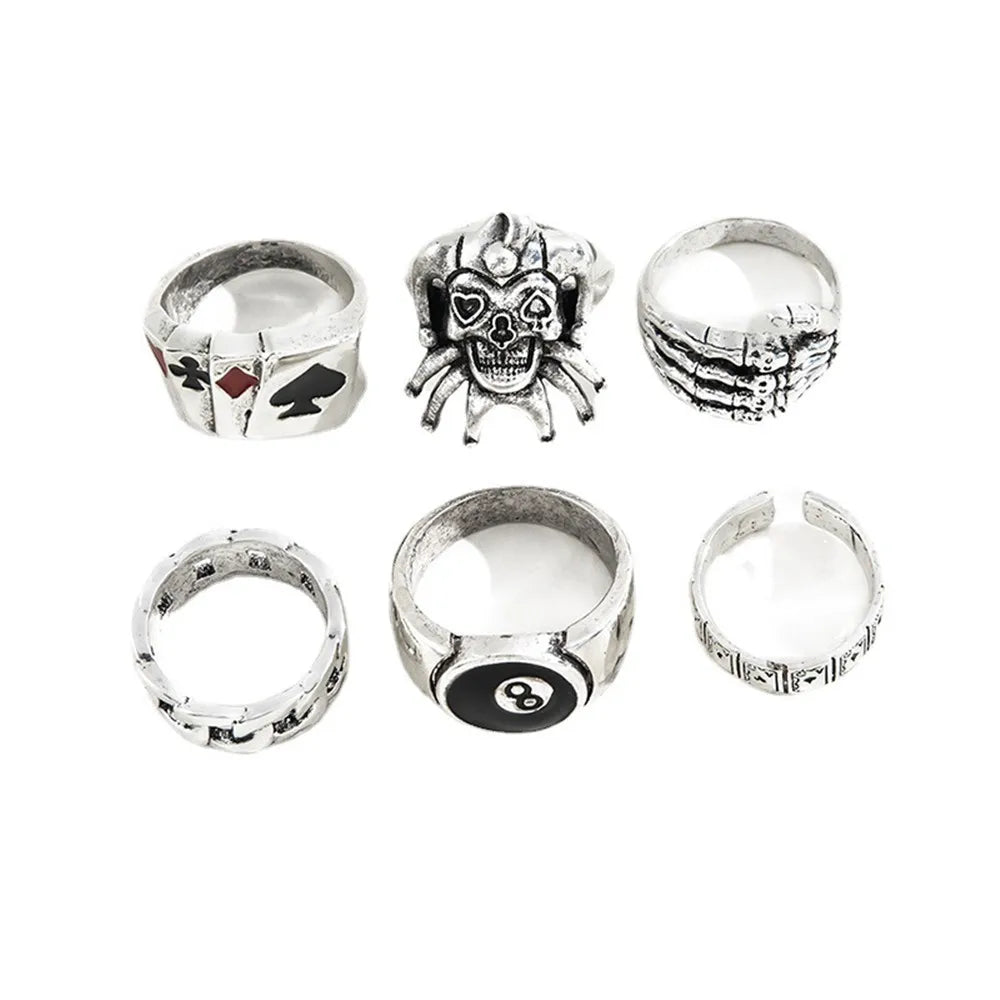 6pcs/Set Exaggerated Ring Skull Poker Clown Number Joker Shape Punk Personalized Ring Y2k Accessories Goth Skeleton Men Jewelry