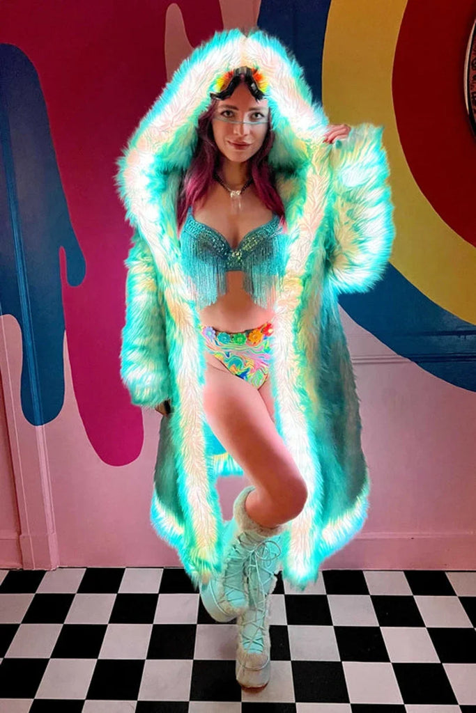 New LED Costume Faux Fur Coat Remote Controlled LED Lighting Festival And Party Costume Women Faux Fox Fur Coat