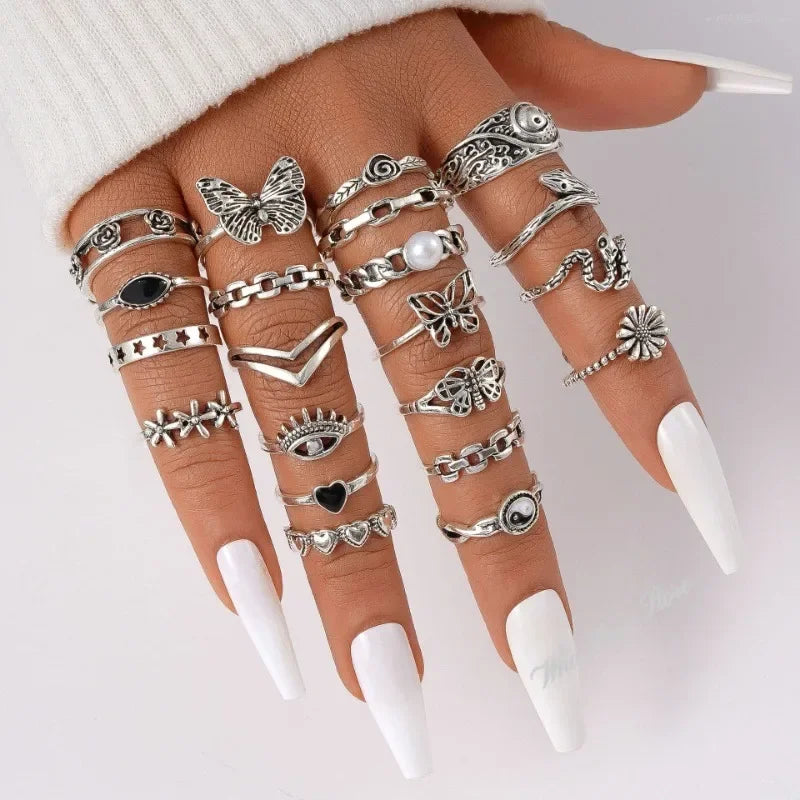 21pcs Set Punk Style Butterfly Heart Stainless Steel Ring and Tai Chi Design Multi-element Snake Rings Set Кольца Женские Кольцо