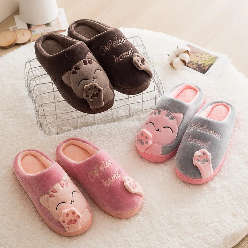 Dropshipping Women Winter Home Slippers Cartoon Cat Shoes Soft Winter Warm House Slippers Indoor Bedroom Lovers Couples