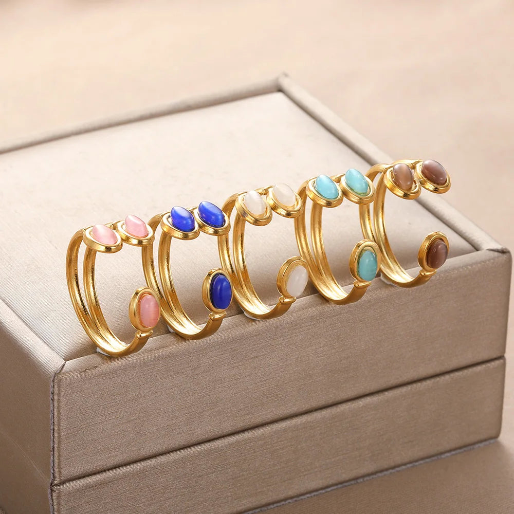 Stainless Steel Vintage Cat's Eye Stone Inlaid Rings For Women Fashion Aesthetic Jewlery Accessories Wedding Gift Bague Femme