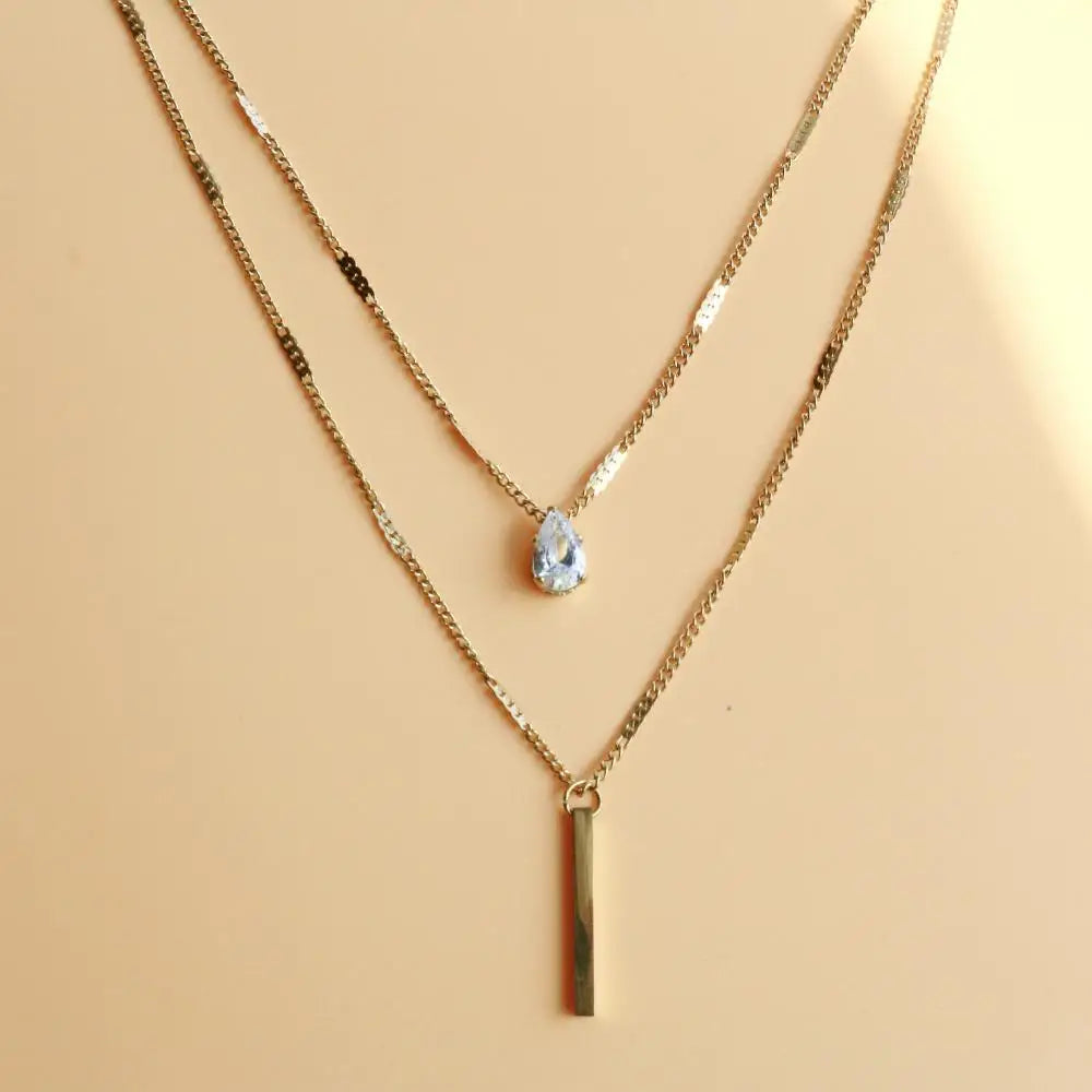 Double Layer Crystal Zircon Pendant Necklace For Women Female Vintage Stainless Steel Choker Chain Neck Wedding Jewelry Gift