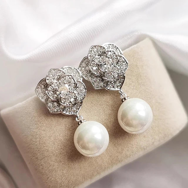 Huitan Elegant Flower Earrings with Imitation Pearl Charm Silver Color Luxury Trendy Accessories for Women Aesthetic CZ Jewelry
