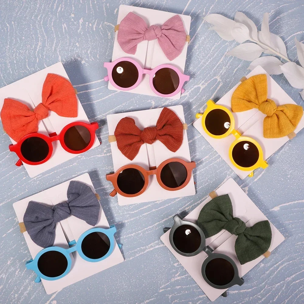 2Pcs/set Kids Summer Round Sunglasses Bows Headband Gift Sets Children Lovely Glasses Protection Hair Accessories for Girls
