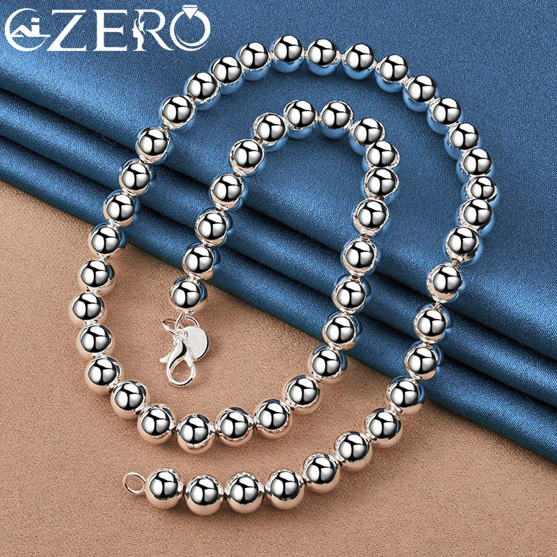 ALIZERO 925 Sterling Silver Smooth 8mm Beads Necklace Bracelet Set For Woman Fashion Charm Wedding Engagement Party Jewelry