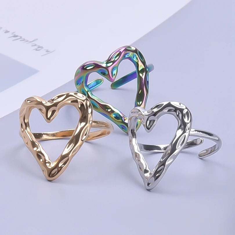1pcs metal heart shaped ring open adjustable sweet romance finger jewelry stainless steel rings for women men accessories anillo