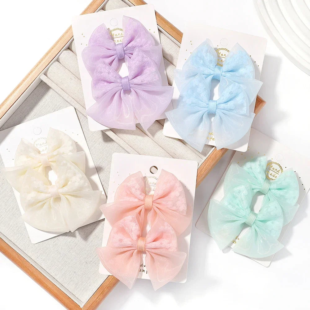 2pcs/set Lovely Bow Hairpins Solid Color Gauze Bows Clip for Kids Sweet Soft Hair Clips Pink Princess Girls Hair Accessories