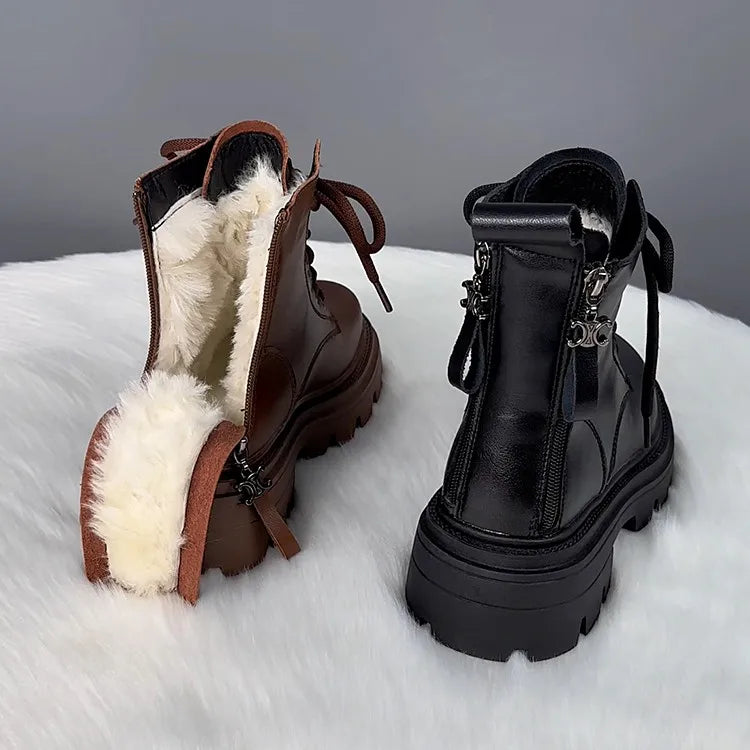 Snow Boots For Women  Female Shoes Winter Footwear Boots-Women Plush Round Toe Flat Heel Leather Lolita Ladies Med 2023 Fur