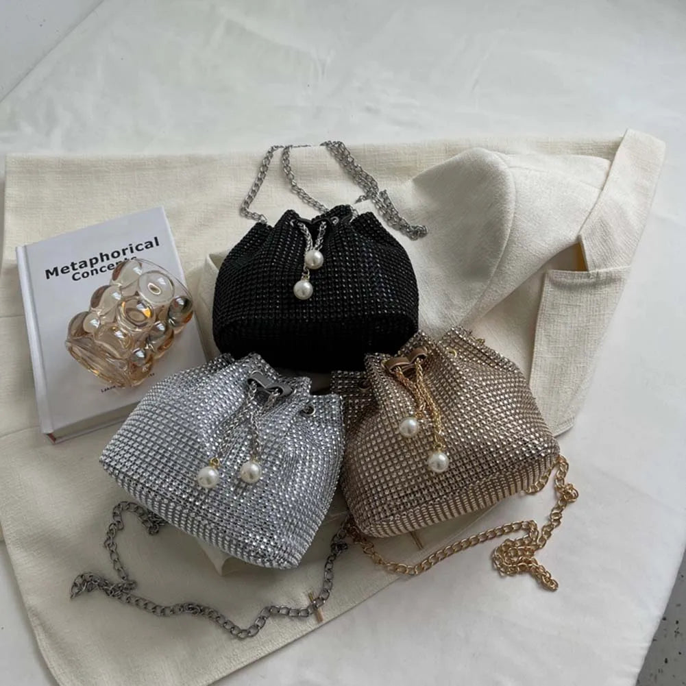 Women Luxury Shoulder Bag Solid Color Rhinestone Glittering Satchel Bag Drawstring Bling Bucket Bag Dinner Party Bag