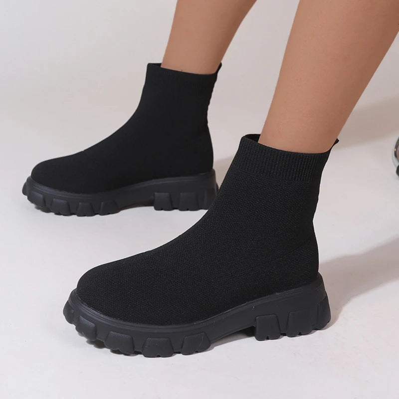 Brand Women Ankle Boots Lightweight Casual Shoes for Women Wedge Fashion Sock Boots Knitting Winter Medium Tube Platform Boot