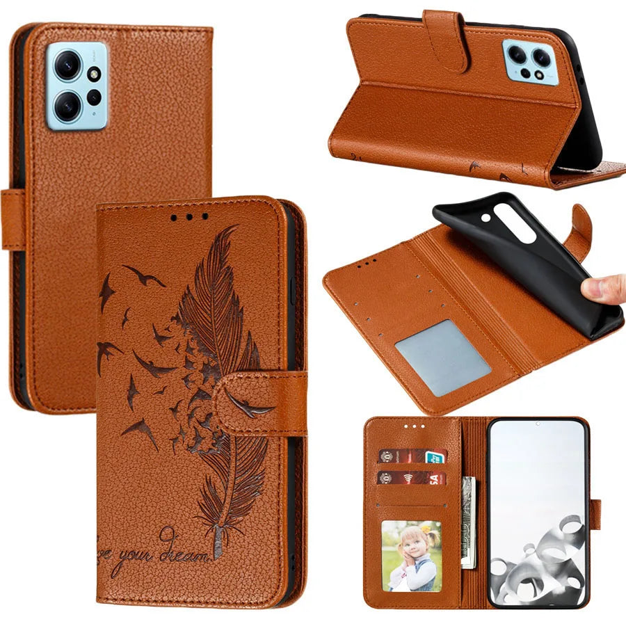 Book Case For Xiaomi Poco X5 Pro 5G X3 X3 Pro M5S M4 Pro 5G M3 Feather Pattern Leather Wallet Flip Phone Cover